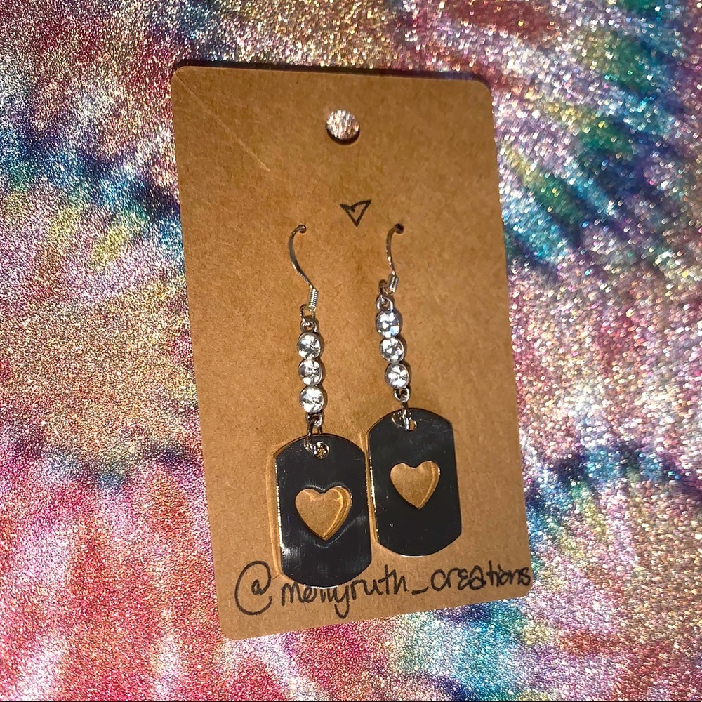 Handmade heart dog tag dangle earrings